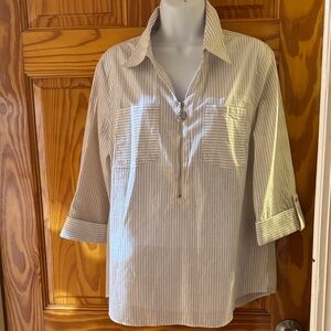 Anne Klein Cream and Beige Striped Long Sleeve Zip-Front Tee